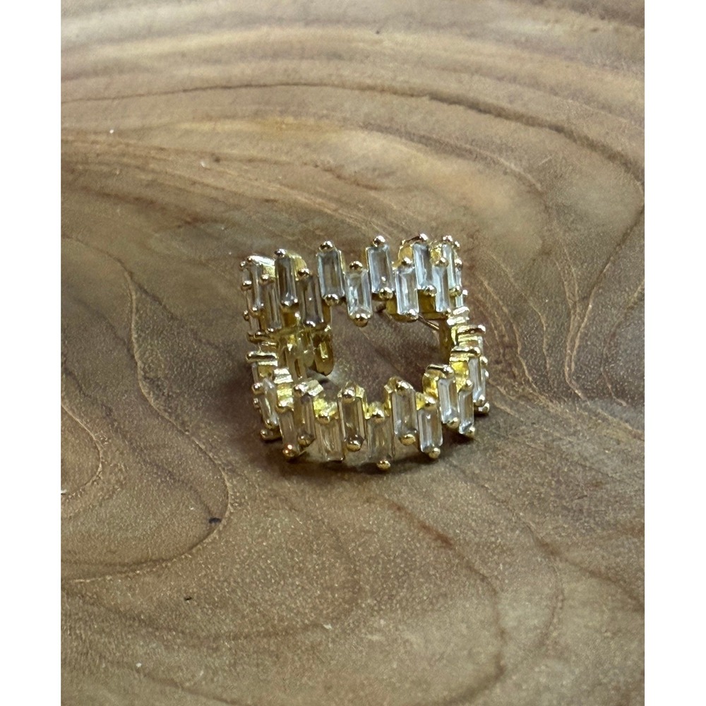 Gold Baguette Crystal Hoop‎ Earrings Staggered Multi Row Clear Stone C-Hoops NEW